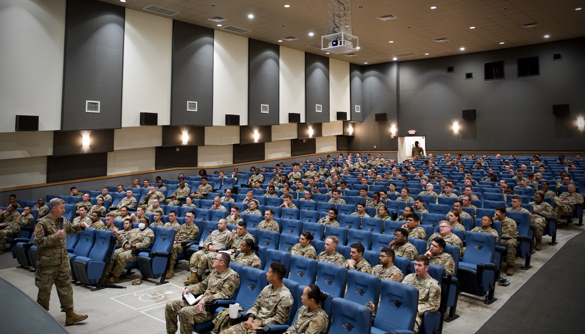 U.S. Air Force Chief Master Sgt. Jeremiah Ross, 7th Air Force command chief, addresses members of the Wolf Pack during a noncommissioned officer all-call at Kunsan Air Base.
