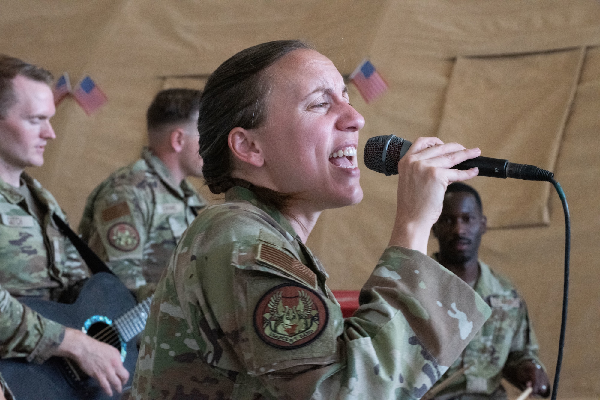 U.S. Air Force Airmen, assigned to the U.S. Air Force’s Central band performs at an undisclosed location in the U.S. Central Command area of responsibility, July 4, 2024. The AFCENT Band travels throughout Central and Southwest Asia performing community outreach concerts, school assemblies, military functions, troop morale concerts and diplomatic events hosted by the United States Embassies and their ambassadors. (U.S. Air Force photo)