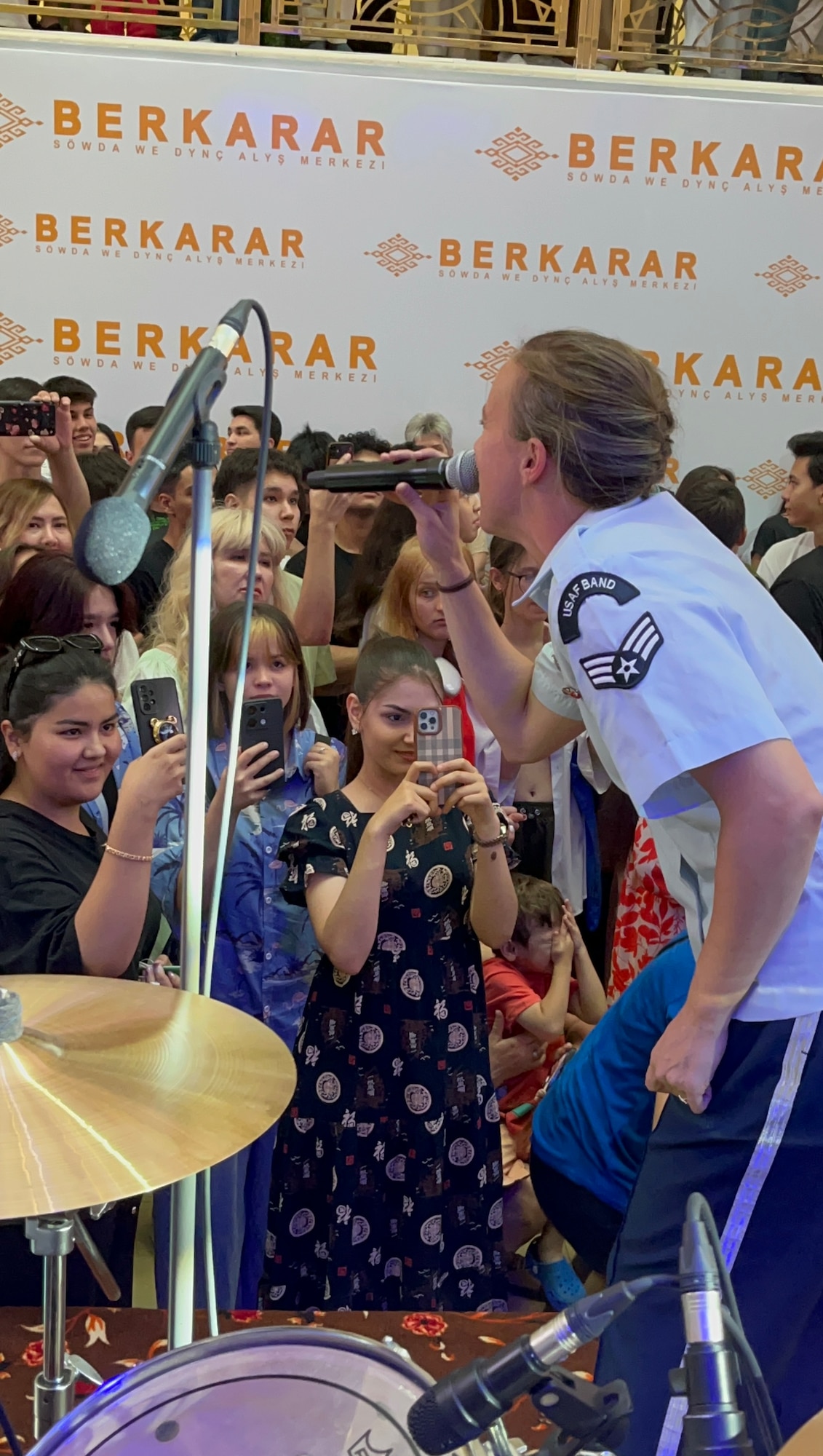 The U.S. Air Forces Central Band performs at the Berkarar Mall in Ashgabat, Turkmenistan, July 1, 2024. This public engagement presented an opportunity for the AFCENT band to provide a musical performance on behalf of the U.S. Air Force, Department of Defense, and U.S. Government to citizens of Turkmenistan, many of whom have never seen a U.S. military member in uniform. (Courtesy photo)
