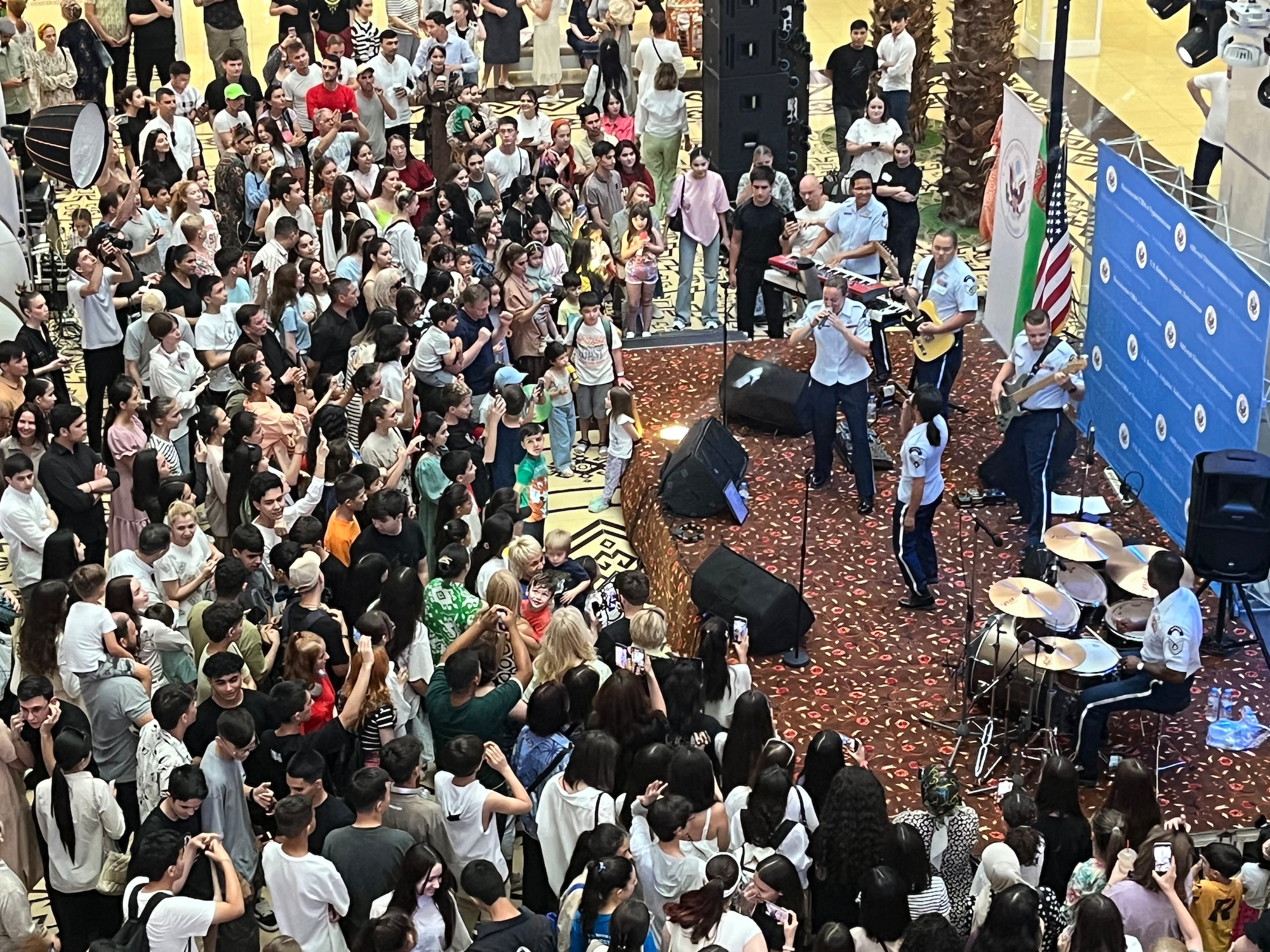 The U.S. Air Forces Central Band performs at the Berkarar Mall in Ashgabat, Turkmenistan, July 1, 2024. The AFCENT Band performs a wide variety of popular music ranging from classic rock, modern country, Top 40, jazz, R&B and pop. (Courtesy photo)
