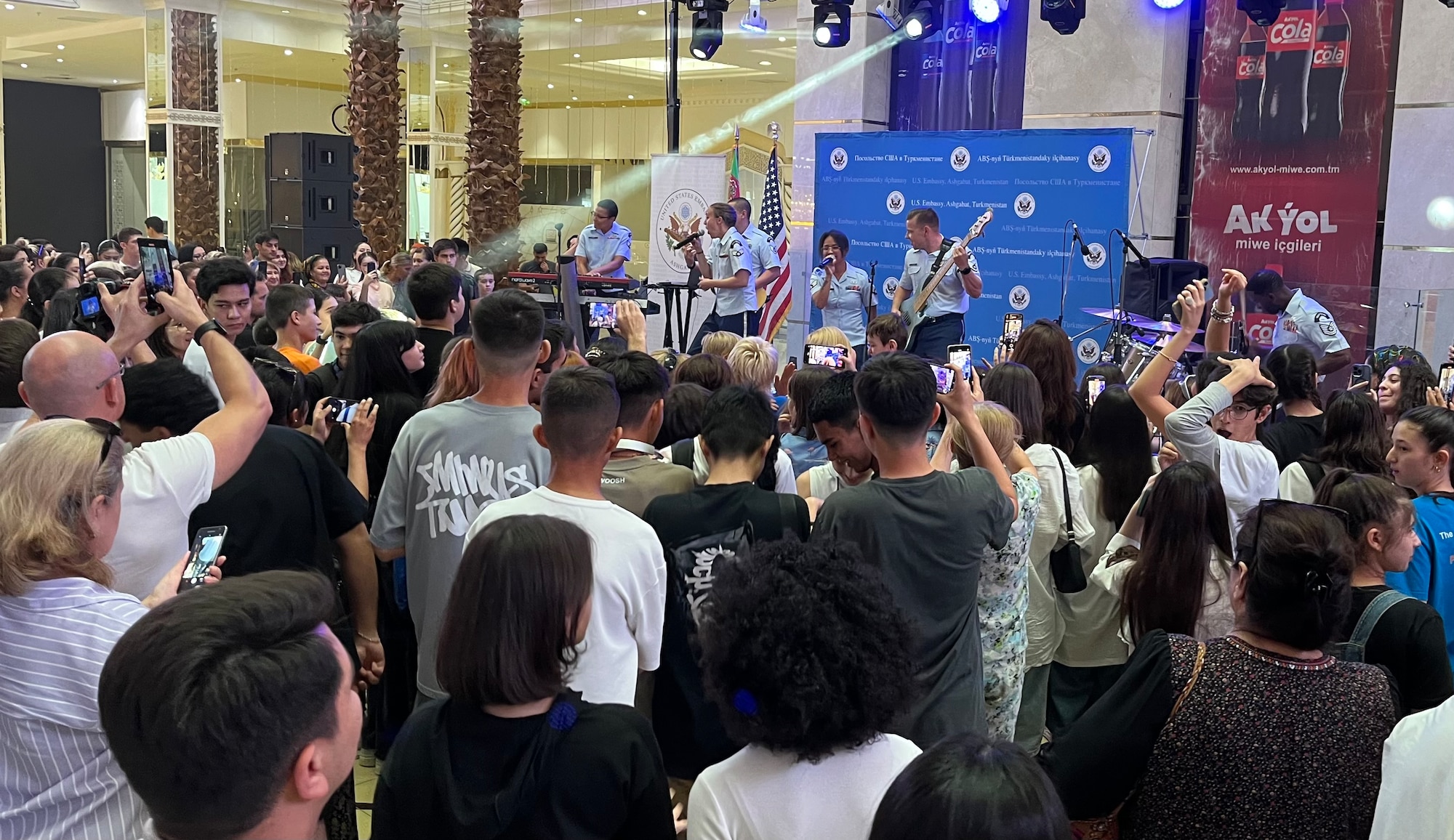 The U.S. Air Forces Central Band performs at the Berkarar Mall in Ashgabat, Turkmenistan, July 1, 2024. The AFCENT band performed a rock concert to support the Ninth Air Force commander priority: “Partner for Strength” for 1,000 Turkmenistan citizens. (Courtesy photo)