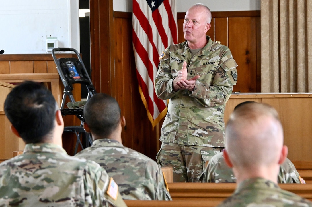 Pennsylvania Adjutant General Maj Gen Mark Schindler speaks at a seminar for Pennsylvania Army National Guard chaplains at Memorial Chapel at Fort Indiantown Gap, Pa., July 2, 2024. Military Chaplains provide motivation, support, spiritual guidance, and help spread faith to all service members. (U.S. Army National Guard photo by Spc. Jessica Barb)