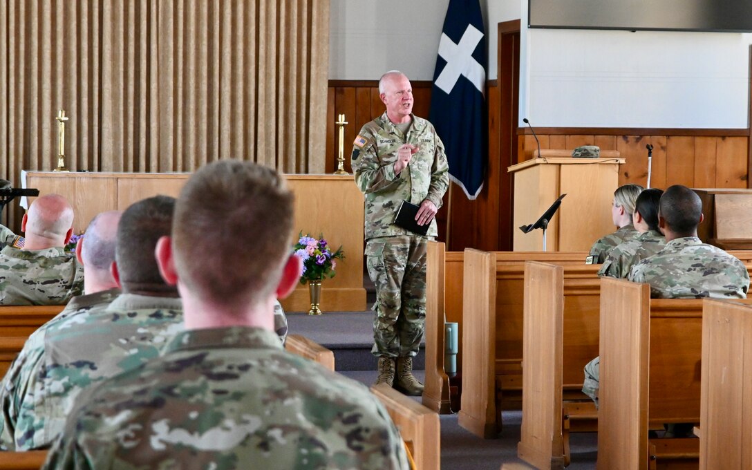 Pennsylvania Adjutant General Maj Gen Mark Schindler speaks at a seminar for Pennsylvania Army National Guard chaplains at Memorial Chapel at Fort Indiantown Gap, Pa., July 2, 2024. Military Chaplains provide motivation, support, spiritual guidance, and help spread faith to all service members. (U.S. Army National Guard photo by Spc. Jessica Barb)