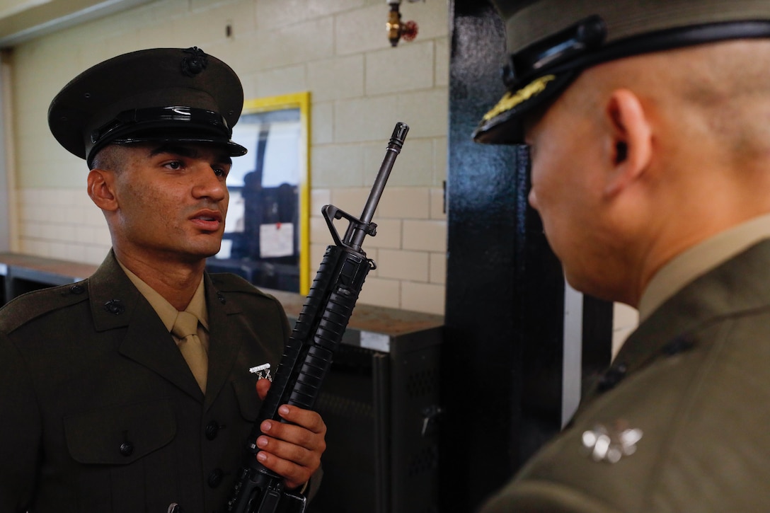 U.S. Marine Corps Pvt. Ali Abbas, a Marine with Echo Company, 2nd Recruit Training Battalion, completes the transformation from civilian to Marine on Marine Corps Recruit Depot Parris Island, S.C., July 12, 2024. To complete recruit training Abbas had to complete numerous events such as physical fitness tests, rifle qualification, obstacle courses, CBRN and rappel training, all culminating with the Crucible. (U.S. Marine Corps photo by Lance Cpl. William Horsley)