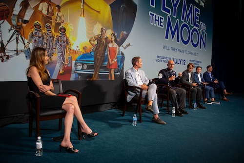 Chief Master Sgt. of the Space Force John Bentivegna speaks on a panel at the "Fly Me to the Moon" film premiere in Washington D.C., July 10, 2024. Bentivegna spoke about the Space Force's role in the making of the film and how films about space exploration can inspire people to pursue careers in the space domain. (U.S. Air Force photo by Staff Sgt. Adam R. Shanks)