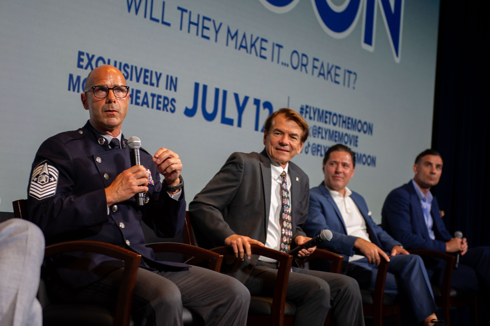 Chief Master Sgt. of the Space Force John Bentivegna speaks on a panel at the "Fly Me to the Moon" film premiere in Washington D.C., July 10, 2024. Bentivegna spoke about the Space Force's role in the making of the film and how films about space exploration can inspire people to pursue careers in the space domain. (U.S. Air Force photo by Staff Sgt. Adam R. Shanks)