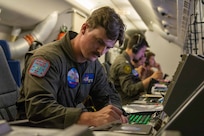 ROMANIA (July 9, 2024) Aircrewman (Operator) 2nd Class Grant Jones, assigned to Patrol Squadron (VP) 45, conducts flight operations aboard a P-8A Poseidon Aircraft as part of the 28th iteration of the annual exercise Breeze 2024, July 9, 2024. Led by the Bulgarian Navy and scheduled in the Black Sea, Breeze 2024 is focused on anti-submarine warfare, search and rescue, force protection/anti-terrorism operations, maritime interdiction operations and anti-piracy mission areas. (U.S. Navy photo by Mass Communication Specialist 2nd Class Jonathan D. Berlier)