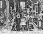 In a printer's shop, various people seated to left, type setting, one with glasses checking printed text; at centre, a small boy stretching out to read a book; to right, a printing press and paper hanging out to dry.