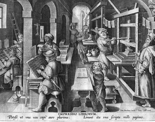 “The Invention of Printing,” anonymous artist, from print series Nova Reperta, design by Johannes Stradanus, circa 1590