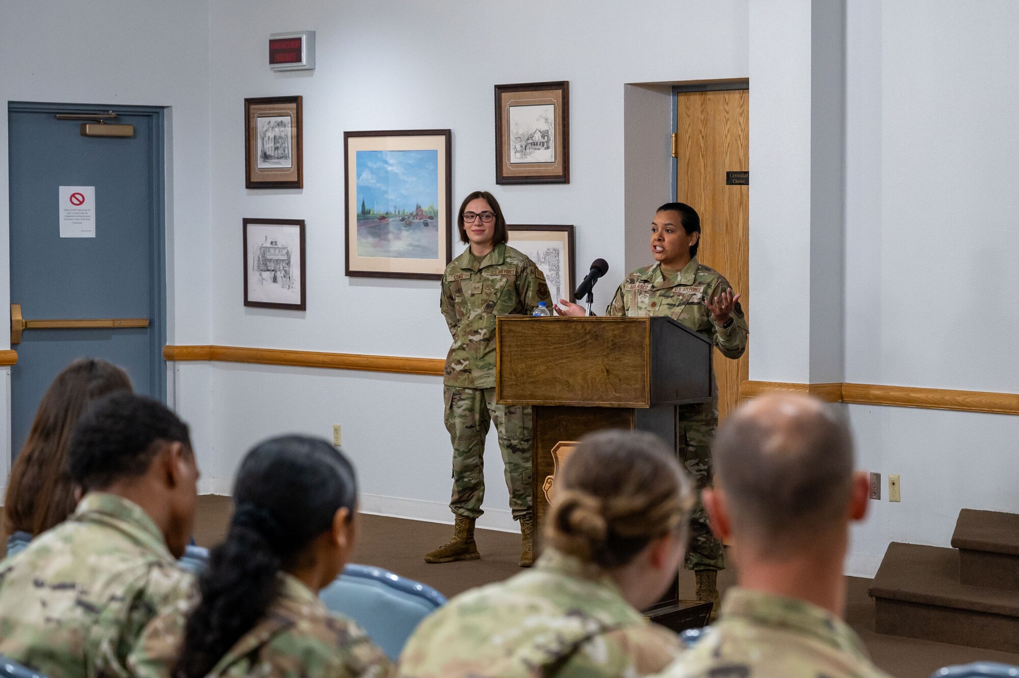 Maj. Rebecca Nolasco, speaks at the 90 FSS assumption of command ceremony.