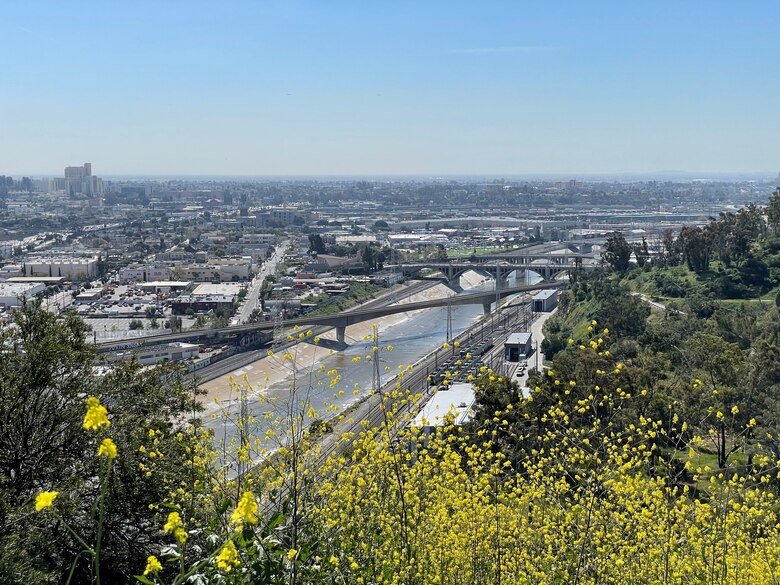Pictured is a section of the Los Angeles River near downtown LA, visible from Elysian Park.