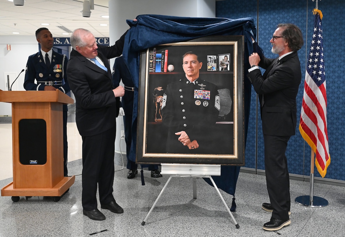 Secretary of the Air Force Frank Kendall presides over the portrait unveiling ceremony of the first Chief Master Sgt. of the Space Force Roger A. Towberman at the Pentagon, Arlington, Va. July 9, 2024. The portrait unveiling marks one of many historic firsts for a military service that was established less than five years prior, Dec. 20, 2019. (U.S. Air Force photo by Chad Trujillo)