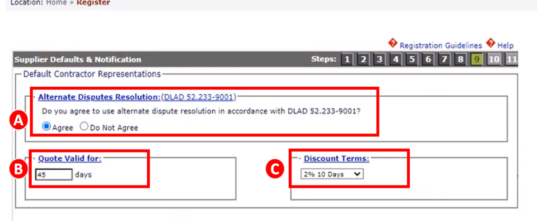 Supplier defaults and notifications step of DIBBS registration process.
