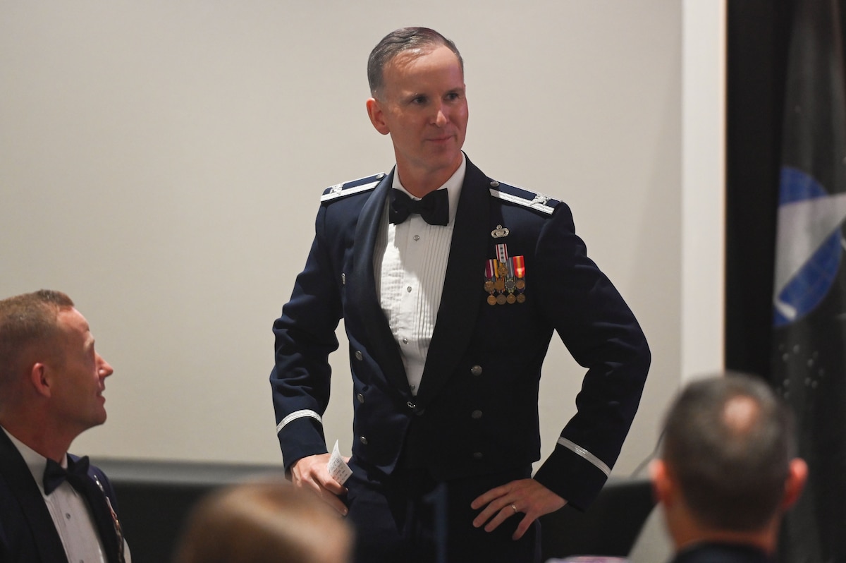 U.S. Air Force Col. Thomas Wilson, 17th Training Wing Deputy Commander, speaks at the Airman Leadership School class 24-E graduation at the Powell Event Center, Goodfellow Air Force Base, Texas, July 11, 2024. Wilson congratulated the ALS graduates and advised them on the next steps in their careers. (U.S. Air Force photo by Airman 1st Class Brian Lummus)