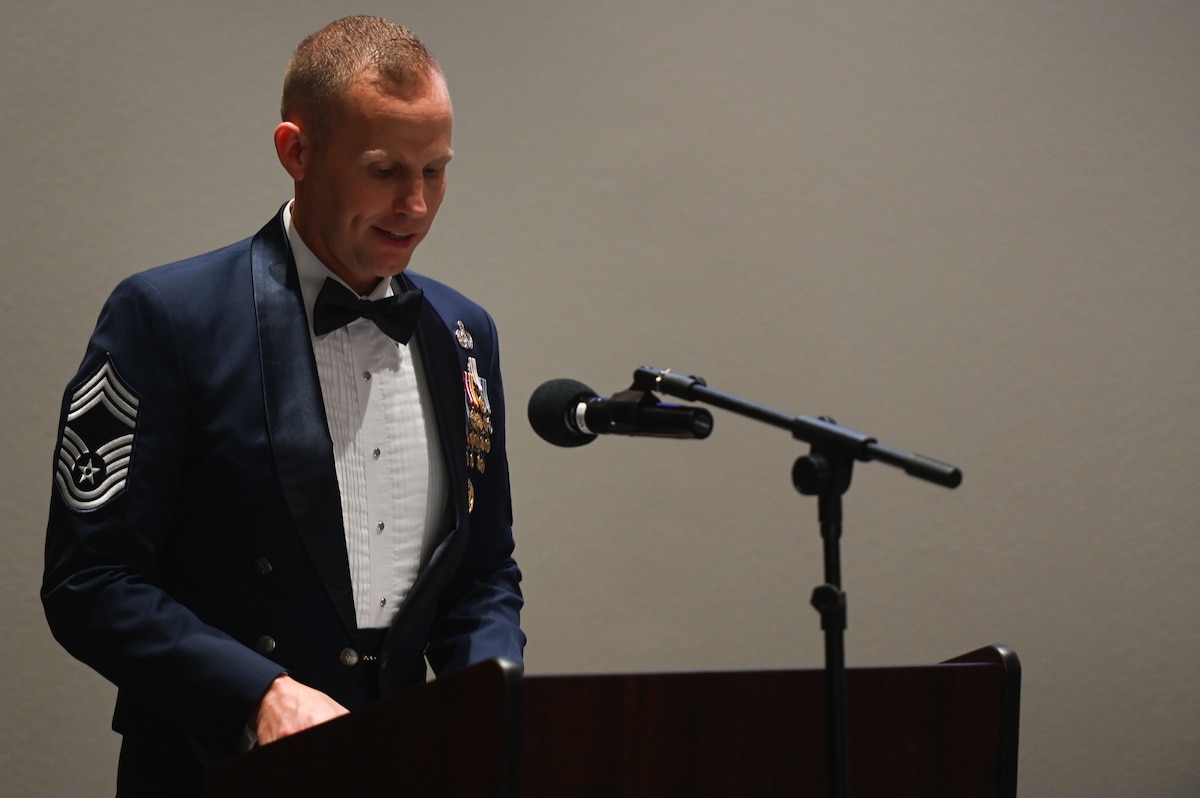 U.S. Air Force Chief Master Sgt. Michael Nolan, 17th Communication Squadron senior enlisted leader, speaks at the Airman Leadership School Class 24-E Graduation at the Powell Event Center, Goodfellow Air Force Base, Texas, July 11, 2024. Nolan guided the class over five weeks, giving personal anecdotes and sharing his experience as a senior enlisted member. (U.S. Air Force photo by Airman 1st Class Brian Lummus)
