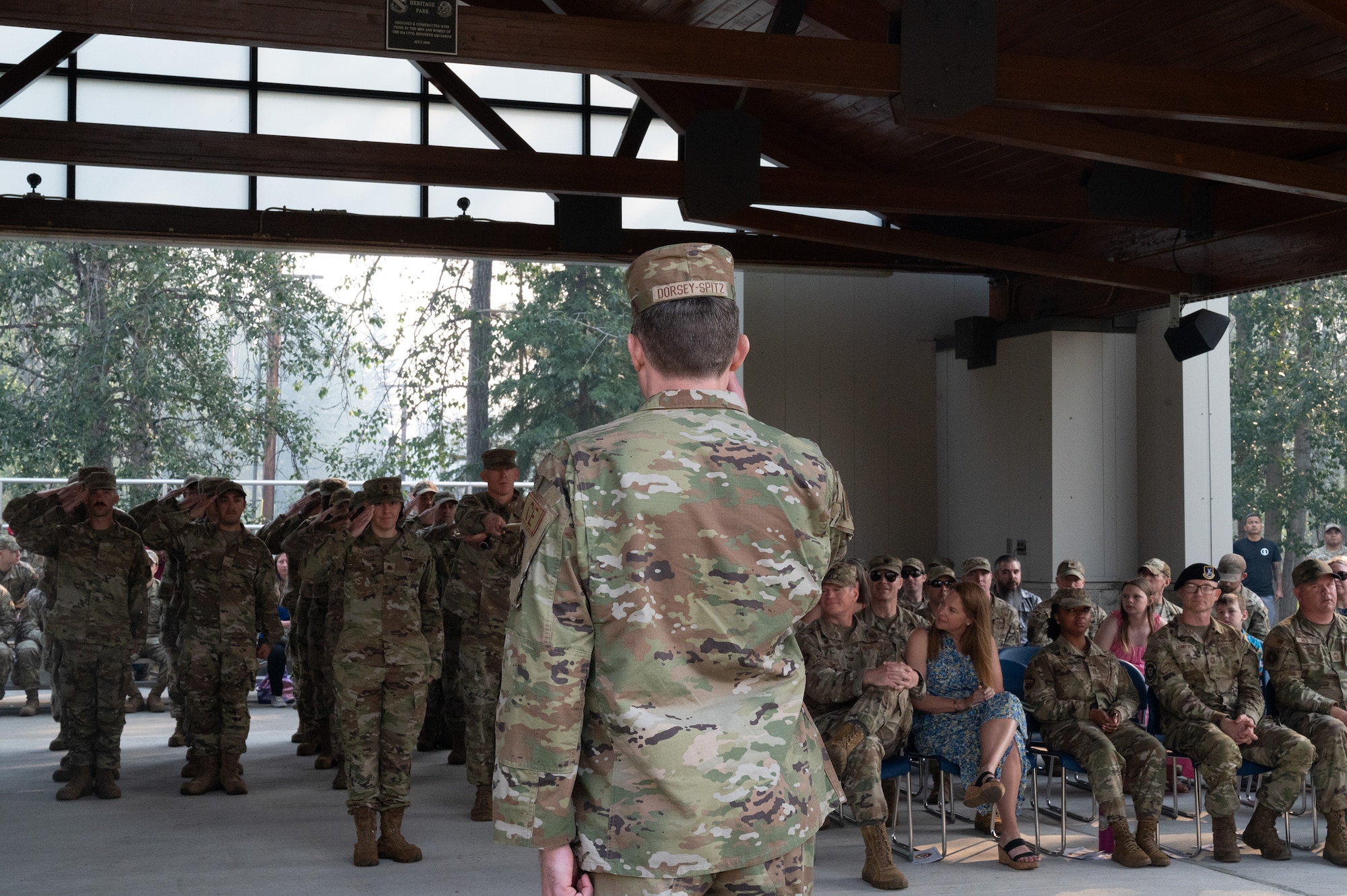 A new squadron commander renders an initial salute during a change of command ceremony.