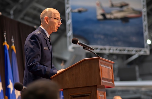 Gen. Duke Z. Richardson, commander, Air Force Materiel Command, addresses a crowd at the Air Force Research Laboratory, or AFRL, Change of Command Ceremony at the National Museum of the United States Air Force, July 10, 2024. Brig. Gen. Jason E.  Bartolomei assumed command of AFRL at the ceremony, taking the reins from outgoing commander Maj. Gen. Scott A. Cain, who served since June 2023. Bartolomei holds a PhD in Engineering Systems from the Massachusetts Institute of Technology, as well as a Master’s Certificate in Legislative Studies from Georgetown University. Prior to that, Bartolomei earned his Master of Science degree from the Air Force Institute of Technology in 2001. “He knows how to synthesize information, he’s an optimist, he sees possibilities where others don’t,” Richardson said of Bartolomei. “He’s just a great human being.” (U.S. Air Force photo / Keith Lewis)