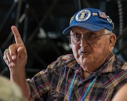 Freddie Rios, a military retiree, speaks to Minot Airmen during Retiree Appreciation Day at Minot Air Force Base, North Dakota, July 12, 2024. Retiree Appreciation Day provided an opportunity for military retirees to visit and tour Minot AFB. (U.S. Air Force photo by Senior Airman Kyle Wilson)