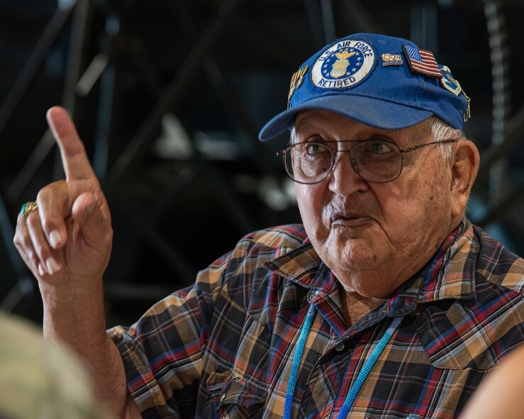 Freddie Rios, a military retiree, speaks to Minot Airmen during Retiree Appreciation Day at Minot Air Force Base, North Dakota, July 12, 2024. Retiree Appreciation Day provided an opportunity for military retirees to visit and tour Minot AFB. (U.S. Air Force photo by Senior Airman Kyle Wilson)