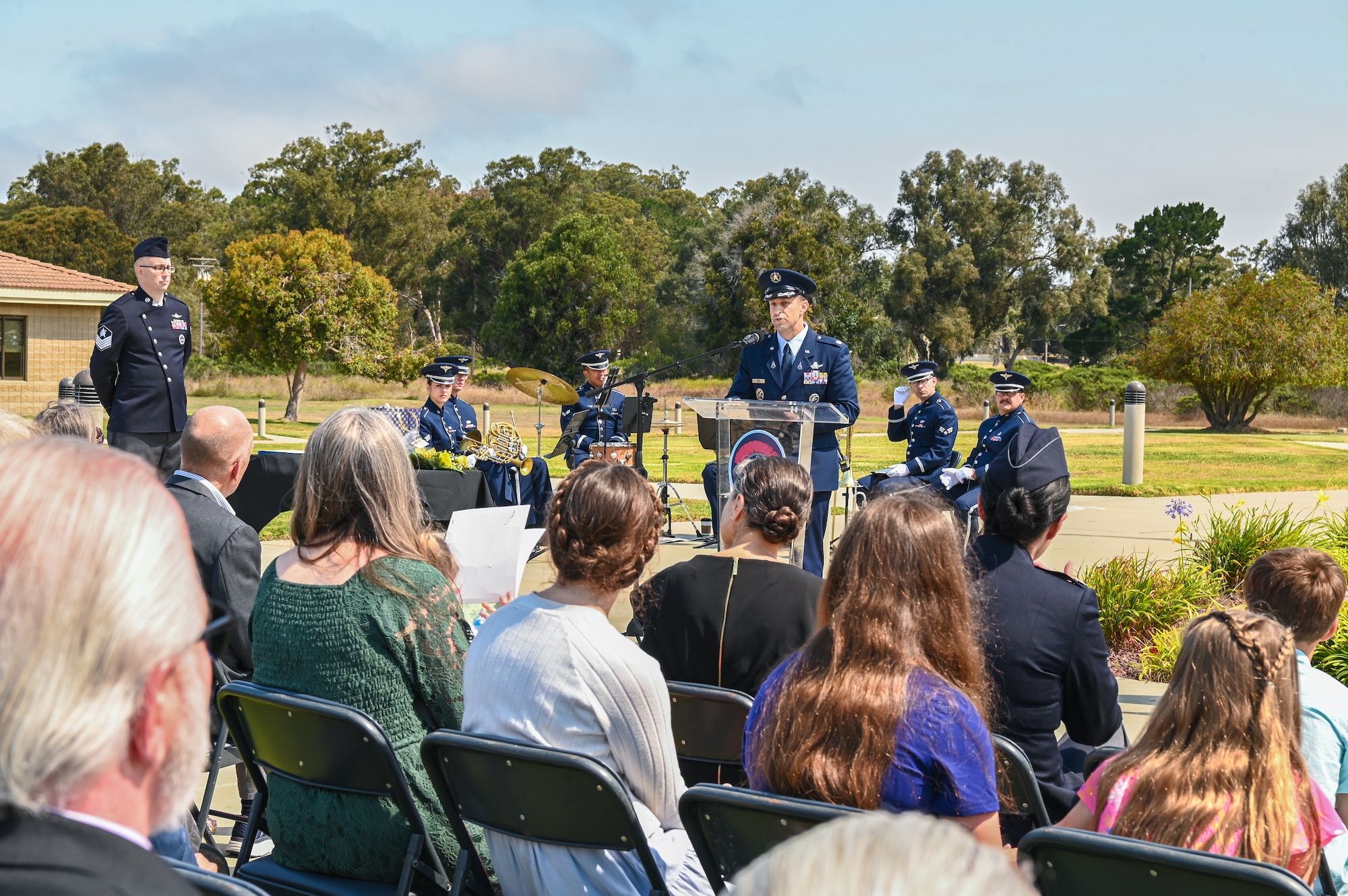 A 533d Training Squadron incoming commander, speaks to the people in attendance during the 533d TRS change of command ceremony at Vandenberg Space Force Base.