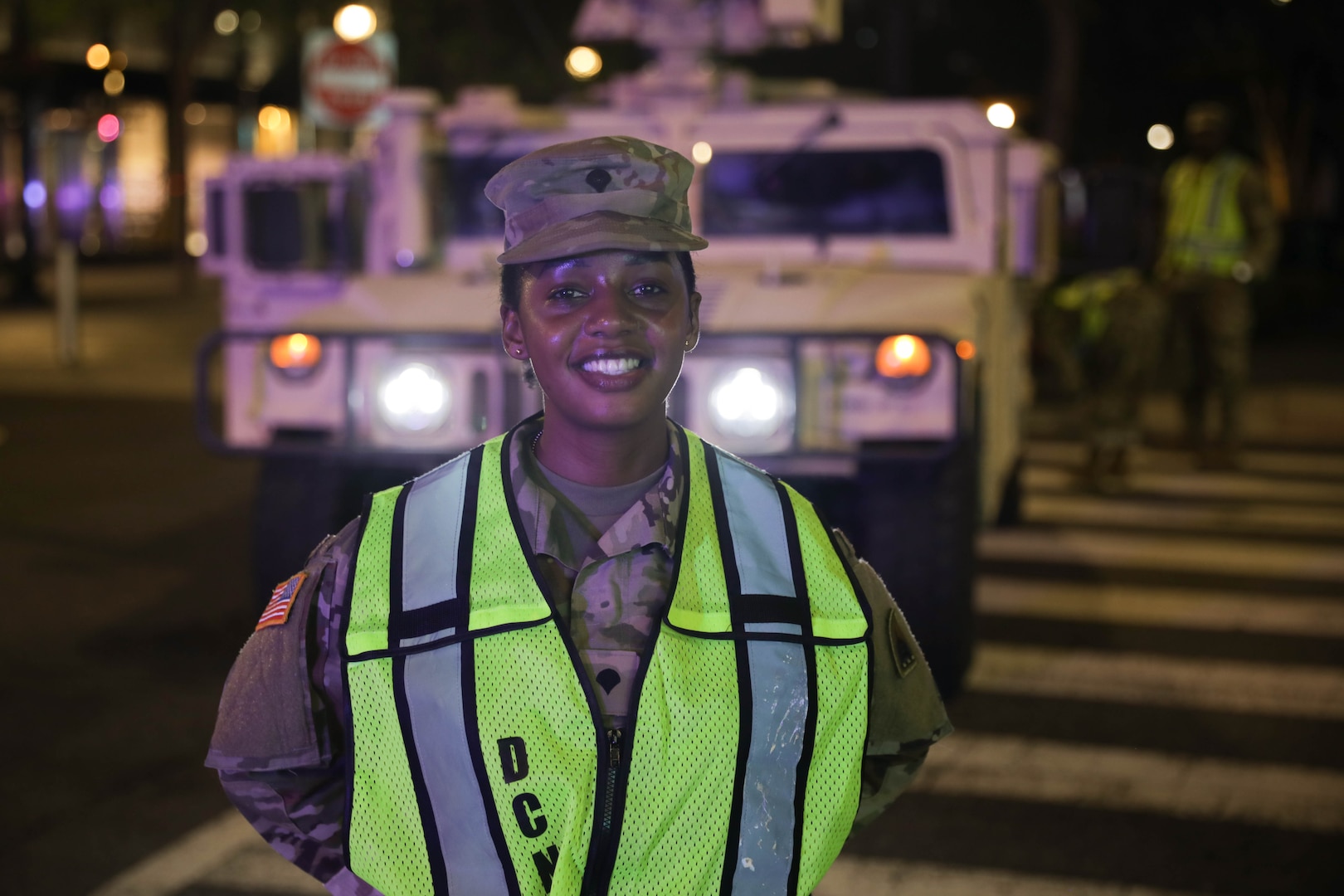 Members of the District of Columbia National Guard and Maryland National Guard block and direct traffic at designated traffic control points in support of the Metropolitan Police Department during the 2024 NATO Summit in Washington, D.C., July 11, 2024. Interoperability and coordination with federal and local partners support the success of high visibility National Special Security Events (NSSE).