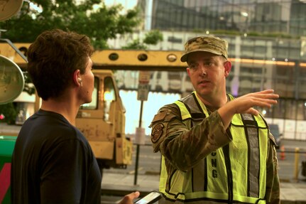 Members of the District of Columbia National Guard and Maryland National Guard block and direct traffic at designated traffic control points in support of the Metropolitan Police Department during the 2024 NATO Summit in Washington, D.C., July 11, 2024. Interoperability and coordination with federal and local partners support the success of high visibility National Special Security Events (NSSE).