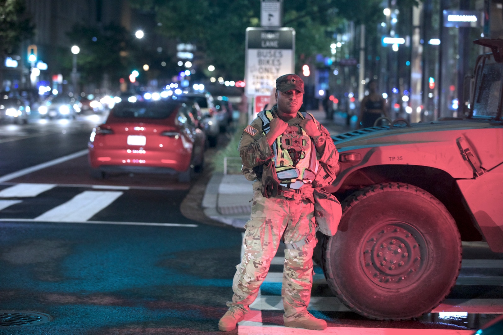 Members of the District of Columbia National Guard and Maryland National Guard block and direct traffic at designated traffic control points in support of the Metropolitan Police Department during the 2024 NATO Summit in Washington, D.C., July 11, 2024. Interoperability and coordination with federal and local partners support the success of high visibility National Special Security Events (NSSE).