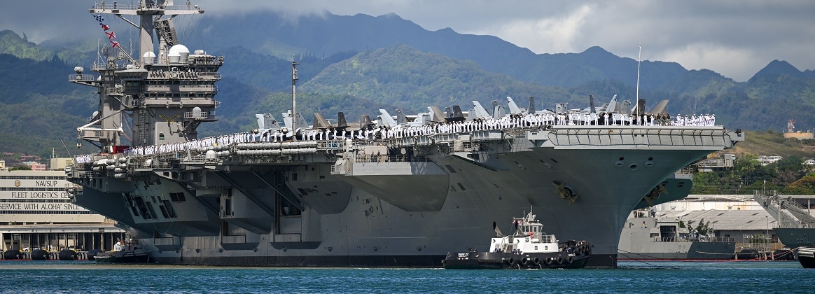 The Nimitz-class aircraft carrier USS Carl Vinson (CVN 70) departs Pearl Harbor, Hawaii, to begin the Force Integration phase of Exercise Rim of the Pacific (RIMPAC) 2024, July 8.
