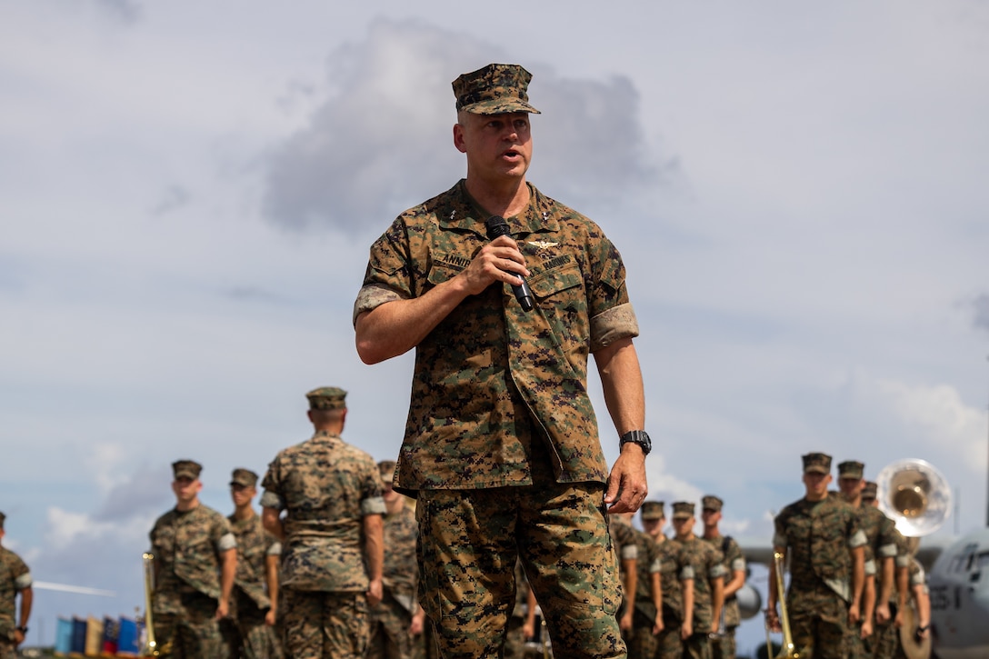 U.S. Marine Corps Maj. Gen. Marcus B. Annibale, the commanding general of 1st Marine Aircraft Wing, gives remarks during a change of command ceremony at Marine Corps Air Station Futenma, Okinawa, Japan, July 12, 2024. During the ceremony, Maj. Gen. Eric E. Austin relinquished command to Maj. Gen. Annibale. 1st MAW is the aviation combat element of III Marine Expeditionary Force. Its mission is to conduct air operations in support of the Fleet Marine Forces to include offensive air support, anti-air support, assault support, aerial reconnaissance, electronic warfare, and control of aircraft and missiles. (U.S. Marine Corps photo by Cpl. Kyle Chan)