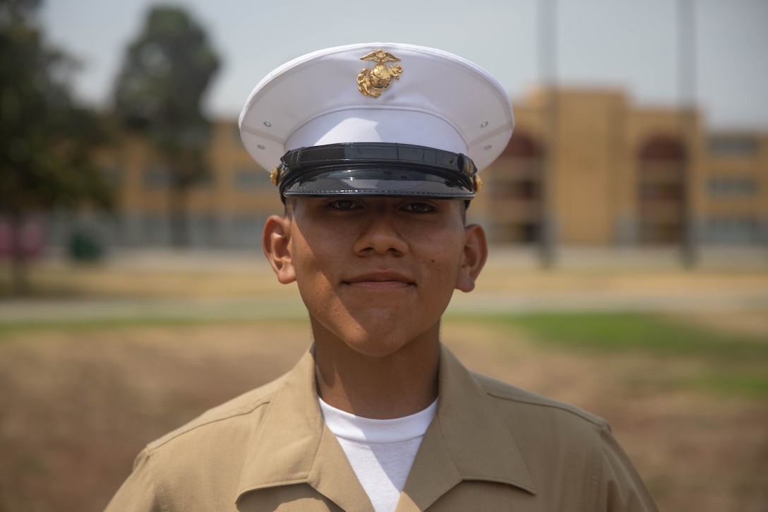 U.S. Marine Corps Pvt. Carlos Paz-Sosa, a Marine with India Company, 3rd Recruit Training Battalion, Recruit Training Regiment, poses for a photo at Marine Corps Recruit Depot San Diego, California, July 1, 2024. Paz-Sosa was highlighted due to his impressive transformation, losing more than 100 lbs. in order to become a Marine. (U.S. Marine Corps photo by Cpl. Elliott A. Flood-Johnson)