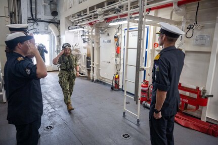 Chief of Naval Operations Adm. Lisa Franchetti and Master Chief Petty Officer of the Navy James Honea tour the Royal New Zealand Navy Ship HMNZS Aotearoa (A-11) during Rim of the Pacific (RIMPAC) 2024, July 11.