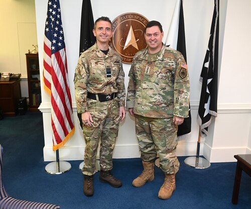 Chief of Space Operations Gen. Chance Saltzman hosts an office call to officially welcome U.K. Air Vice Marshal Paul Godfrey to the Space Force staff in the Pentagon, Arlington, Va., June 18, 2024. Godfrey is the former commander of U.K. Space Command and the first foreign officer to join the U.S. Space Force command staff. (U.S. Air Force photo by Andy Morataya)