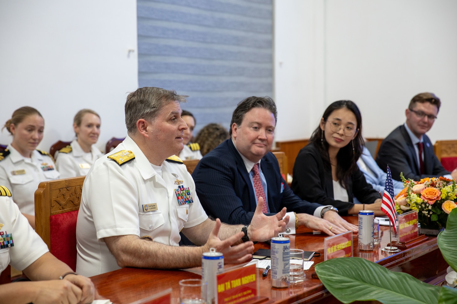 240701-N-FA353-1003 KHANH HOA, Vietnam (July 8, 2024) Vice Adm. Fred Kacher, commander, U.S. 7th Fleet, seated next to the Hon. Marc Knapper, U.S. Ambassador to Vietnam, speaks during a meeting with Mr. Le Huu Hoang, Standing Vice Chairman of Khanh Hoa Provincial People's Committee in Khanh Voa, Vietnam, July 8, 2024. The 7th fleet flagship USS Blue Ridge (LCC 19) is conducting a scheduled port visit in Cam Ranh, Vietnam. 7th Fleet is the U.S. Navy's largest forward-deployed numbered fleet, and routinely interacts and operates with allies and partners in preserving a free and open Indo-Pacific region. (U.S. Navy photo by Mass Communication Specialist 2nd Class Belen Saldana)