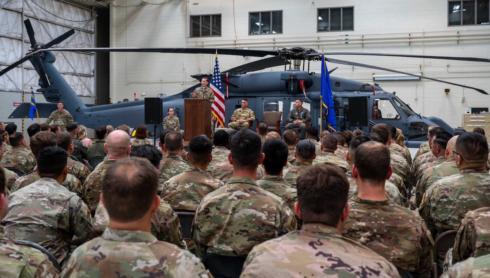 Maj. Eric Hinkley, incoming 943d Maintenance Squadron commander, addresses Airmen