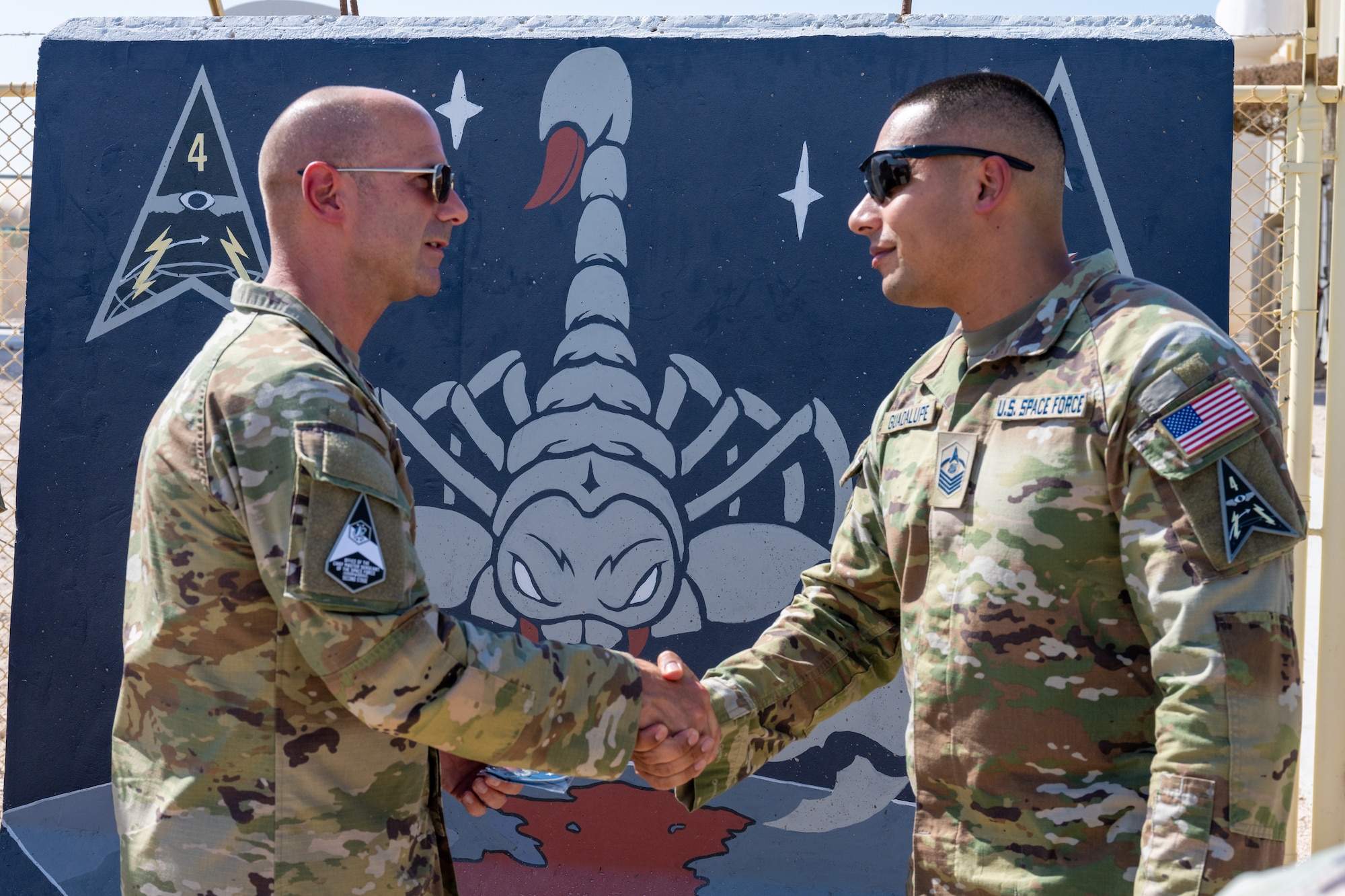 Bentivegna visited the 379th AEW for the first time where he met with U.S. Air Force Brig. Gen. Richard Dickens, 379th AEW commander, U.S. Air Force Chief Master Sgt. Christopher Murphy, 379th AEW command chief, and Guardians. (U.S. Air Force photo)