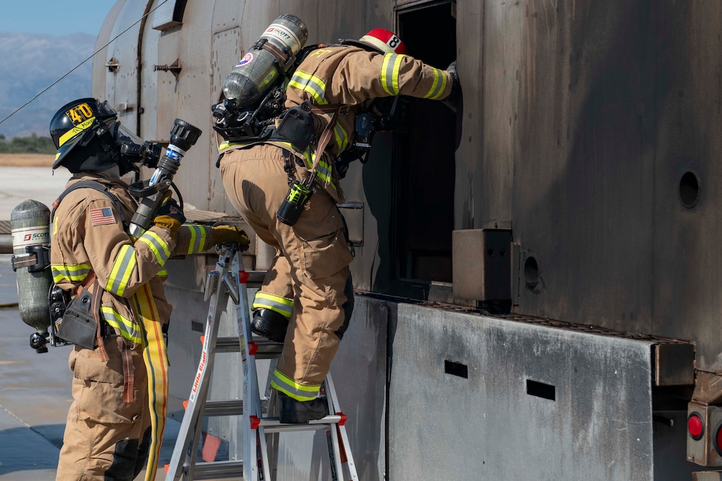 Firefighters assigned to Naval Support Activity Souda Bay Fire & Emergency Services respond to a simulated aircraft mishap on July 12, 2024, onboard NSA Souda Bay.