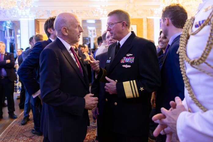 A photo of Vice Adm. Johnny Wolfe Jr., director of Strategic Systems Programs (SSP) speaking with the United Kingdom's Secretary of State for Defence John Healey at a NATO Summit reception hosted by the Atlantic Council and the British Embassy. The event underscored the continued importance of NATO and emphasized the role that partnerships have played to ensure the growth and success of NATO over the past 75 years. Not only NATO partners, the United States and the United Kingdom have an enduring special relationship which includes the Polaris Sales Agreement, an international agreement established between the U.S. and the UK in April 1963. The agreement provides for the sale to the UK of the Trident Strategic Weapon System. Through the Polaris Sales Agreement, the United States and United Kingdom continue to strengthen NATO's collective defense and deterrence. Strategic Systems Programs is the Navy command that provides cradle-to-grave lifecycle support for Trident Strategic Weapon System. This includes training, systems, equipment, facilities and personnel responsible for ensuring the safety, security, and effectiveness of the nation’s Submarine Launched Ballistic Missile Trident Strategic Weapon System.
