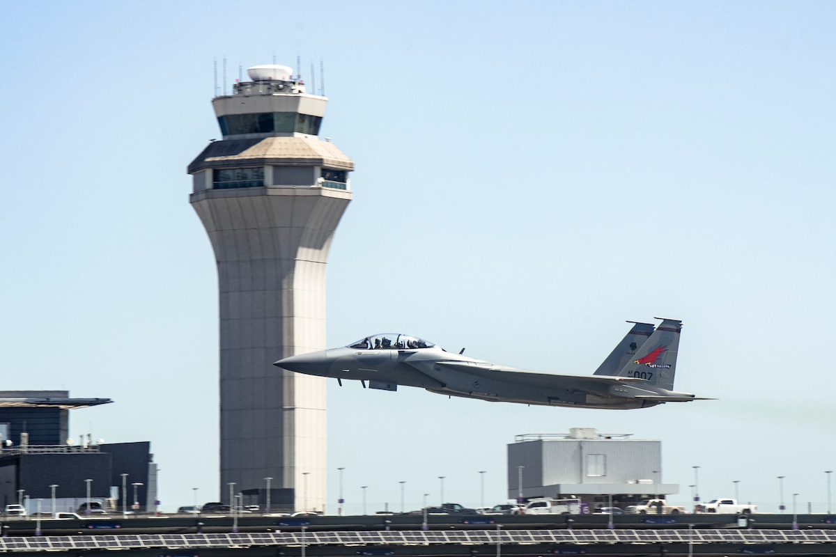 An F-15EX Eagle II, assigned to the 142nd Wing, takes off during the unveiling ceremony at the Portland Air National Guard Base, Oregon, July 12, 2024. The 142nd Wing will be replacing the F-15 C/D model Eagles with the new F-15EX Eagle II models.