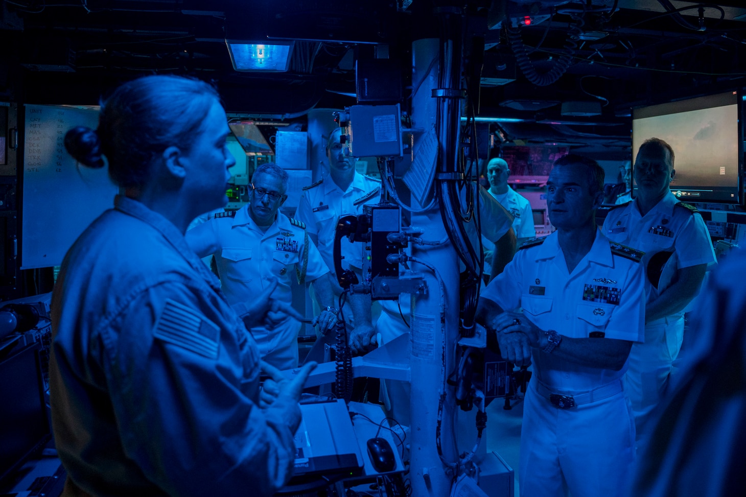 Vice Adm. Doug Perry, commander, right, U.S. 2nd Fleet, tours the Arleigh Burke-class guided-missile destroyer USS Carney (DDG 64) in Quebec City, Quebec, July 6, for Rendez-Vous naval de Quebec (RVNQ) 2024.