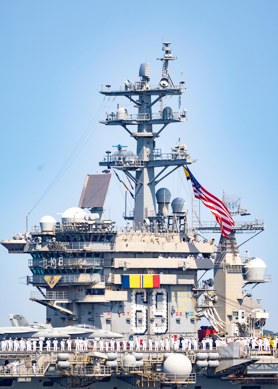 The Nimitz-class aircraft carrier USS Dwight D. Eisenhower (CVN 69) returns to Naval Station Norfolk, July 14, 2024, concluding a nine-month deployment to the Atlantic.