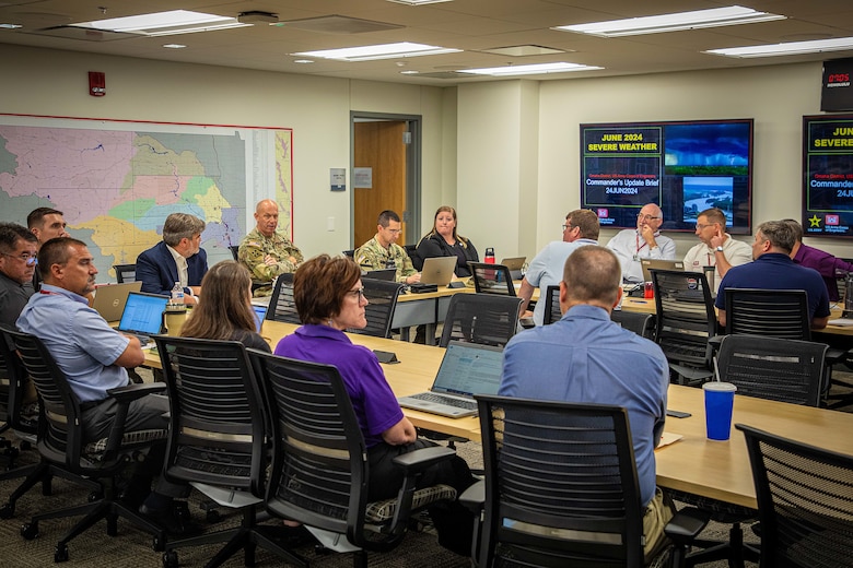 Omaha District staff man the emergency operations center at the district's headquarters in Omaha, Nebraska, as they assess the 2024 June Severe Weather event on June 27th, 2024.
(U.S. Army photo by Declan Barnes)