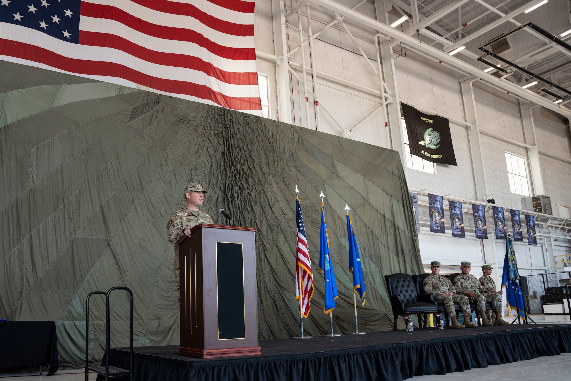 U.S. Air Force Lt. Gen. Michael Conley, Air Force Special Operations Command commander, addresses the wing during a change of command ceremony, Cannon Air Force Base, New Mexico, July 15, 2024. Conley facilitated the transfer of command from U.S. Air Force Col. Jeremy Bergin to U.S. Air Force Col. Robert Johnston. (U.S. Air Force photo by Tech. Sgt. Kaylee Clark)
