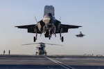 F-35B Lightning jets of 617 Squadron land on HMS Prince of Wales near Vest Fjorden, Arctic Circle, as part of UK-led exercise Joint Warrior.