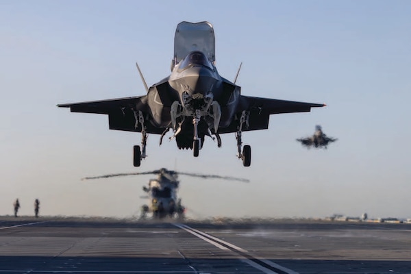 F-35B Lightning jets of 617 Squadron land on HMS Prince of Wales near Vest Fjorden, Arctic Circle, as part of UK-led exercise Joint Warrior, part
of wider NATO exercise Steadfast Defender, March 3, 2024
