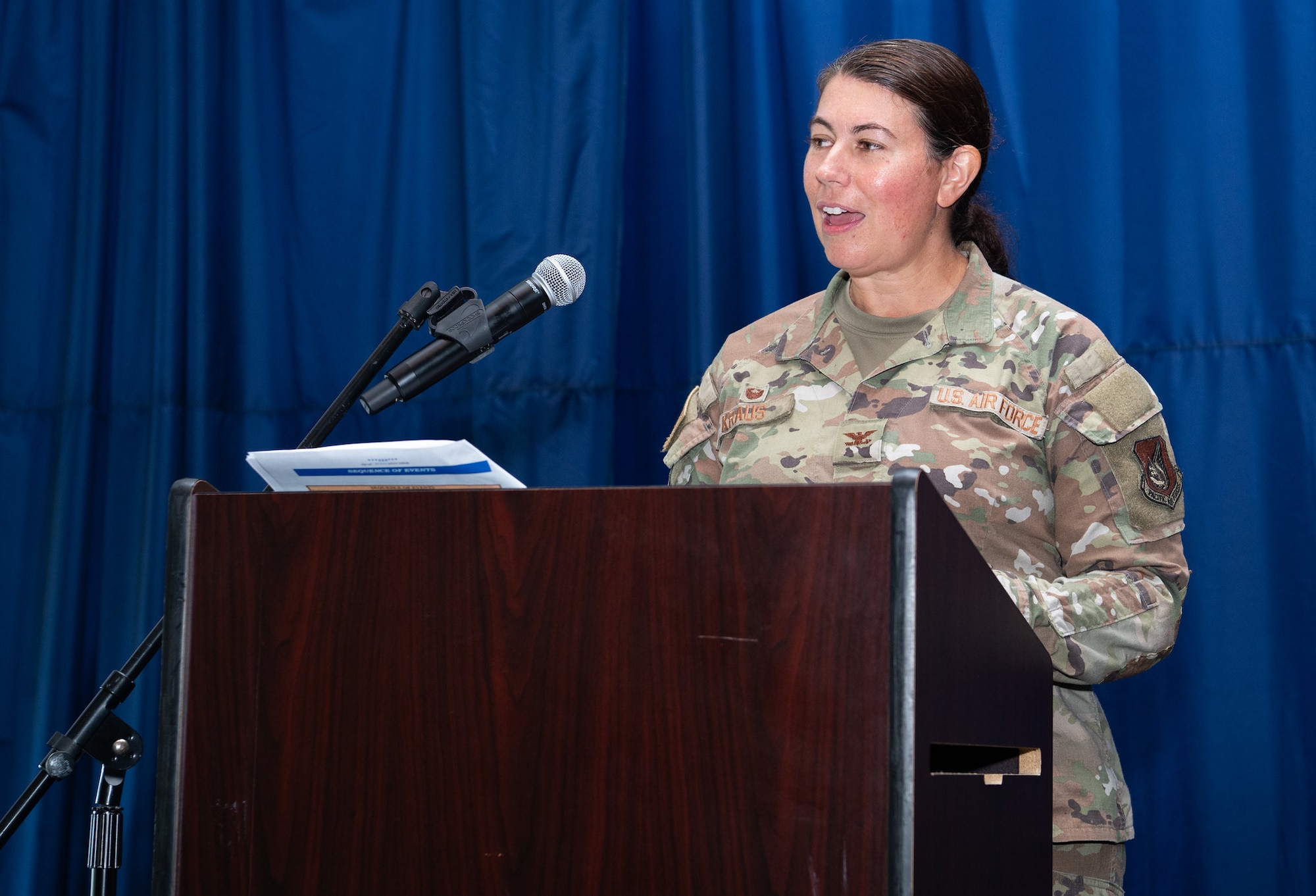 Maj. Kevin Brady, right, salutes Col. Sheri Kraus, 36th Mission Support Group commander, during an Assumption of Command Ceremony at Andersen Air Force Base, Guam, July 12, 2024. The 36th SFS provides robust security support for five Major Command's Protection Level resources vital the Nation's security. (U.S. Air Force photo by Staff Sgt. Pedro Tenorio)