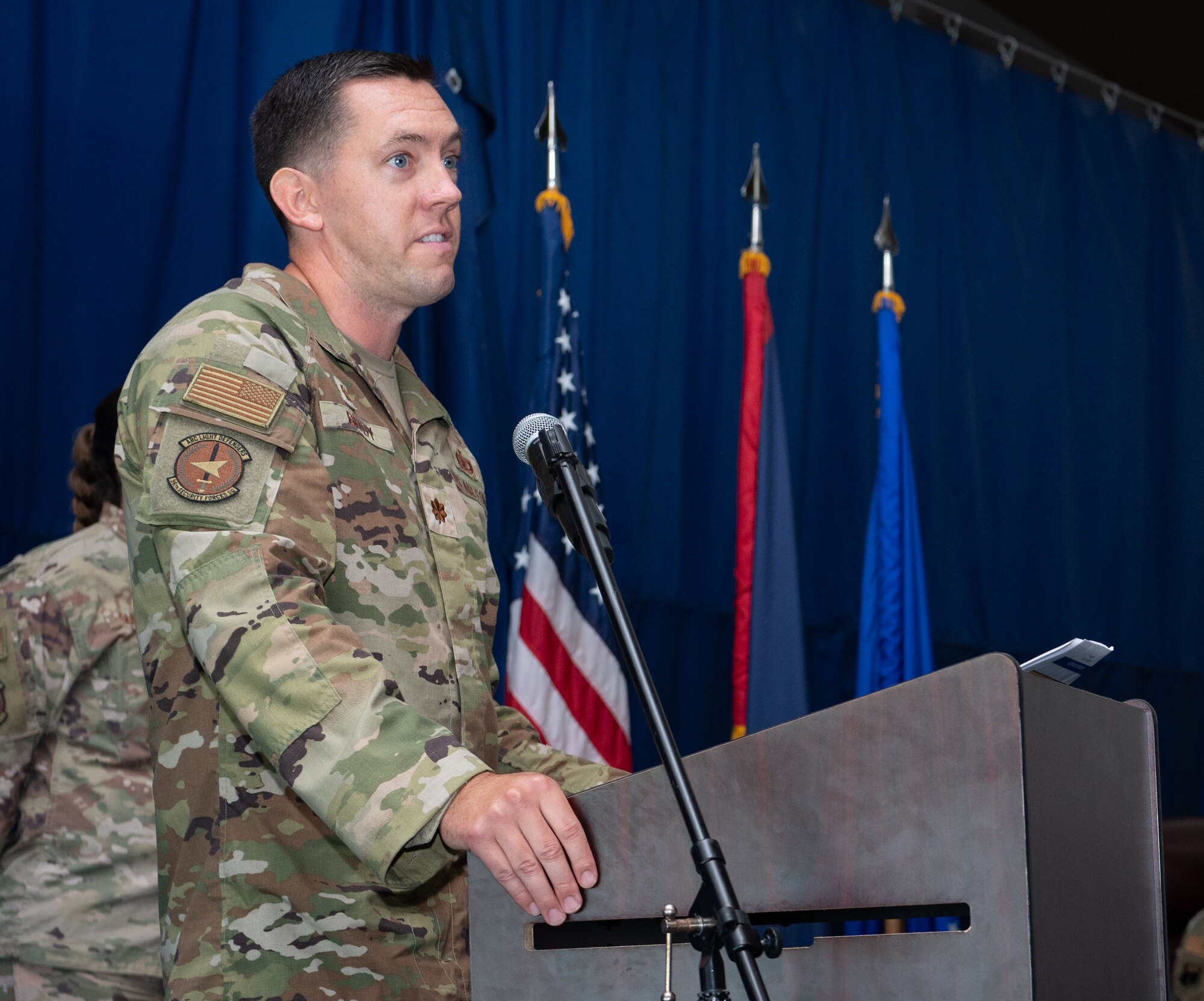Maj. Kevin Brady, right, salutes Col. Sheri Kraus, 36th Mission Support Group commander, during an Assumption of Command Ceremony at Andersen Air Force Base, Guam, July 12, 2024. The 36th SFS provides robust security support for five Major Command's Protection Level resources vital the Nation's security. (U.S. Air Force photo by Staff Sgt. Pedro Tenorio)