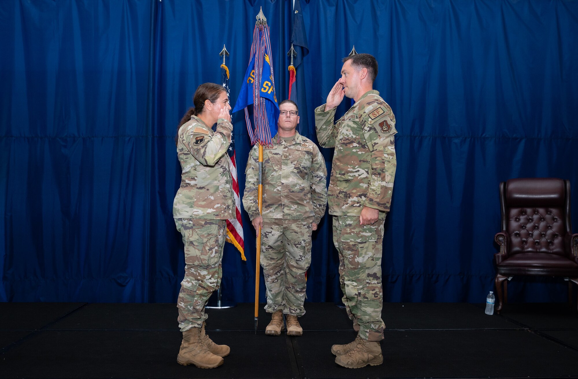 Maj. Kevin Brady, right, salutes Col. Sheri Kraus, 36th Mission Support Group commander, during an Assumption of Command Ceremony at Andersen Air Force Base, Guam, July 12, 2024. The 36th SFS provides robust security support for five Major Command's Protection Level resources vital the Nation's security. (U.S. Air Force photo by Staff Sgt. Pedro Tenorio)
