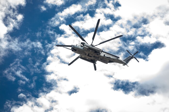 A CH-53E Super Stallion with 3rd Marine Aircraft Wing flies over Petco Park San Diego  during the San Diego Padres’ Military Salute to the Marine Corps at Petco Park Stadium, San Diego, July 14, 2024. U.S. Marines attended the San Diego Padres’ Military Salute to the Marine Corps to honor the commitment of U.S. Marines and connect with the San Diego community. (U.S. Marine Corps photo by Cpl. Mary Jenni)