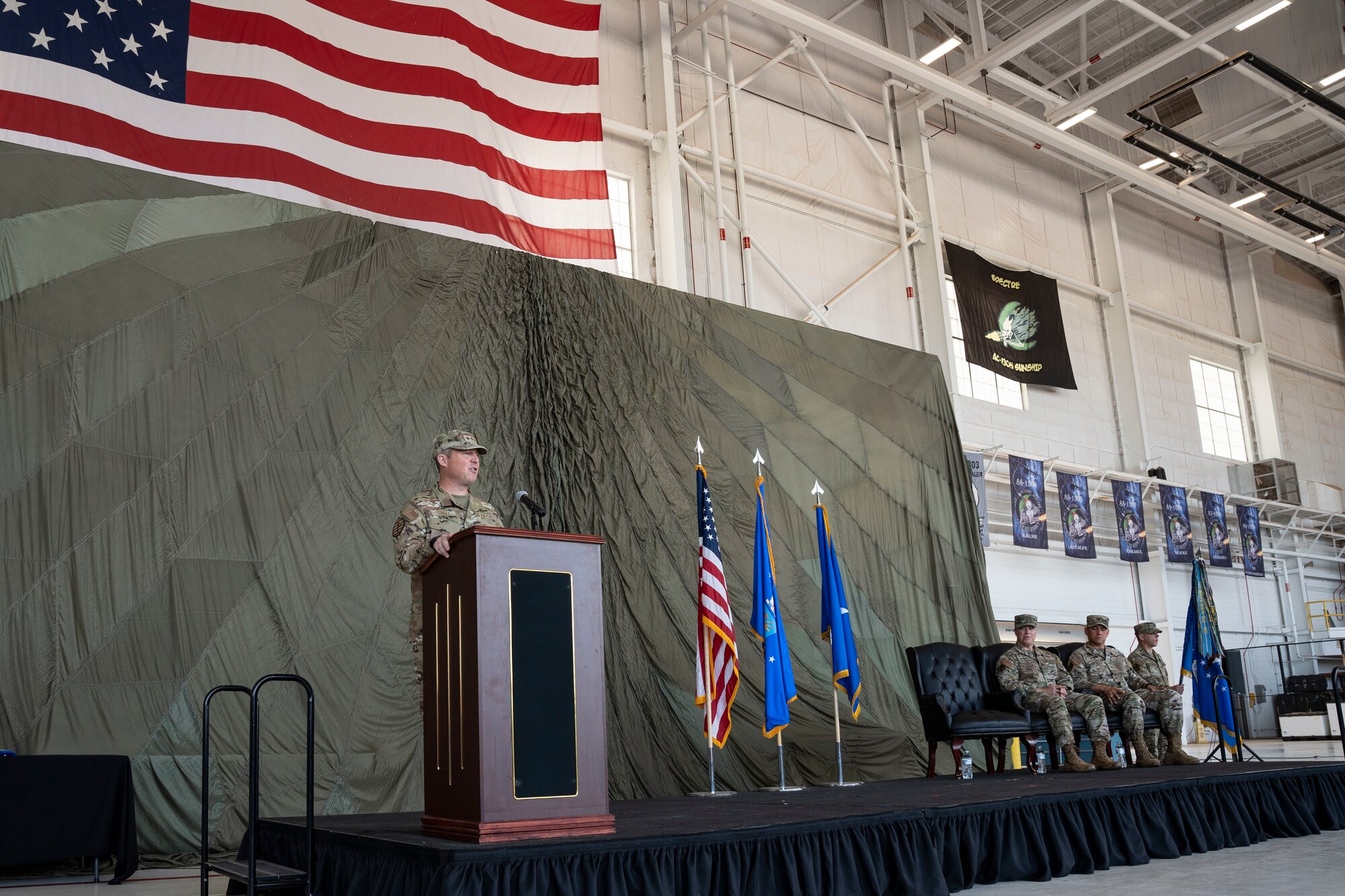 U.S. Air Force Lt. Gen. Michael Conley, Air Force Special Operations Command commander, addresses the wing during a change of command ceremony, Cannon Air Force Base, New Mexico, July 15, 2024. Conley facilitated the transfer of command from U.S. Air Force Col. Jeremy Bergin to U.S. Air Force Col. Robert Johnston. (U.S. Air Force photo by Tech. Sgt. Kaylee Clark)