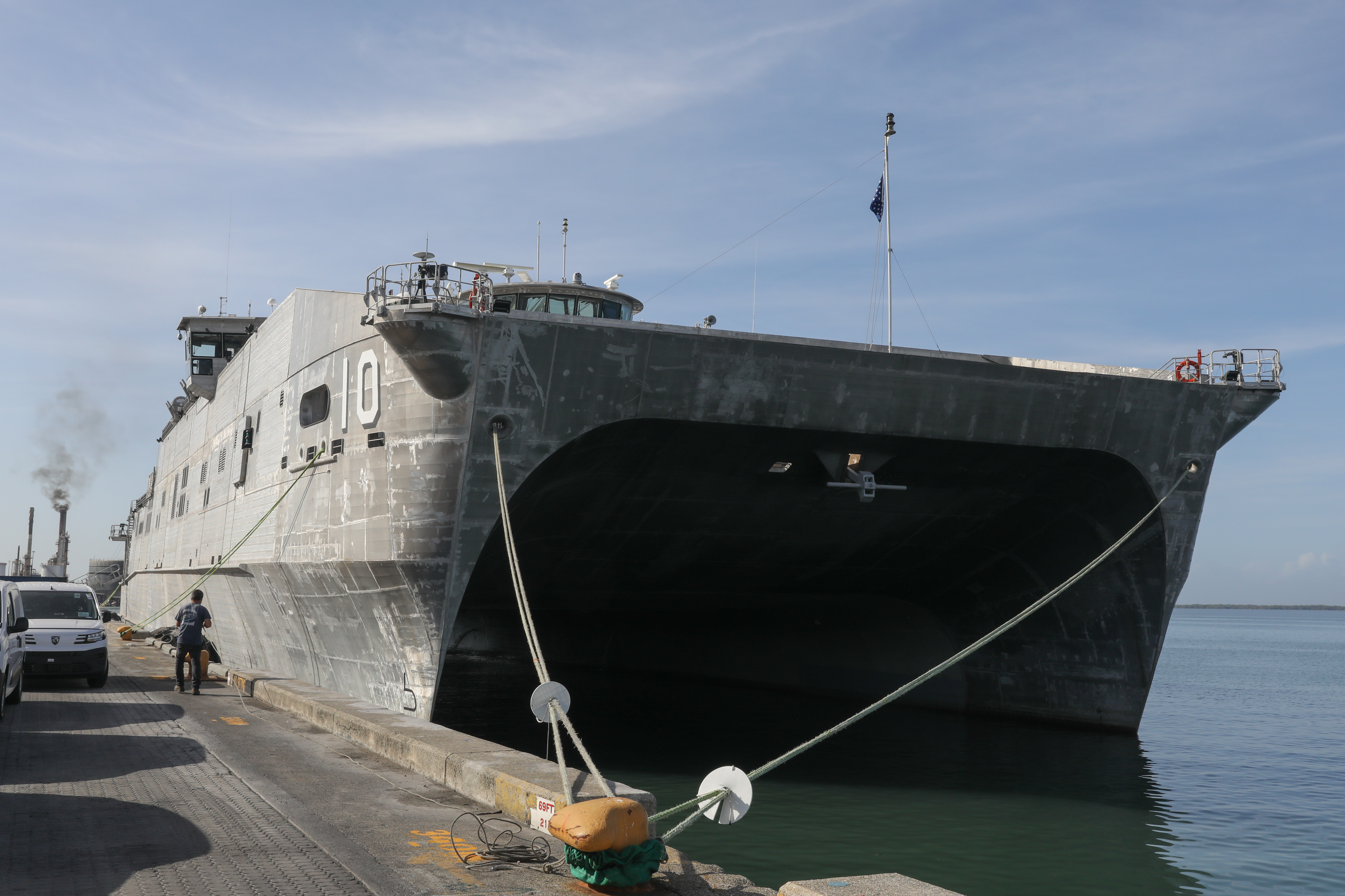 KINGSTON, Jamaica (July 13, 2024) Spearhead-class expeditionary fast transport ships USNS Burlington (T-EPF 10) prepares to depart Kingston, Jamaica as part of Continuing Promise 2024. Continuing Promise 2024 helps to strengthen the defense readiness of Caribbean and Latin American partners against malign threats in the region. (U.S. Navy photo by Mass Communication Specialist 2nd Class Adriones Johnson)